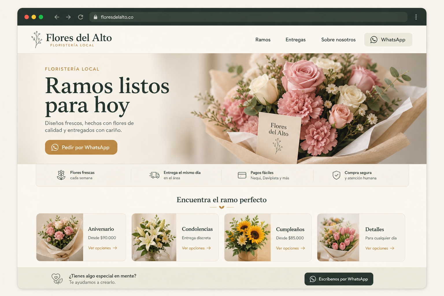 Mockup de una página para una floristería local